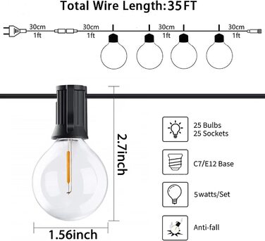 SON4SUN гірлянда для вулиці 10 м, LED, 25+3 G40 ламп, IP44, тепле біле світло, водонепроникна, для саду, тераси, весіль, вечірок