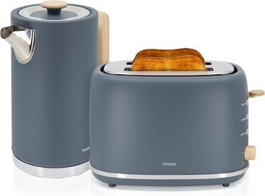 Тостер Briebe Nordic Set 2-слотовий з підставкою для булочок, 6 рівнів підсмажування + Електричний чайник 1.7л 2200Вт, Швидке нагрівання, BPA-free, Сірий