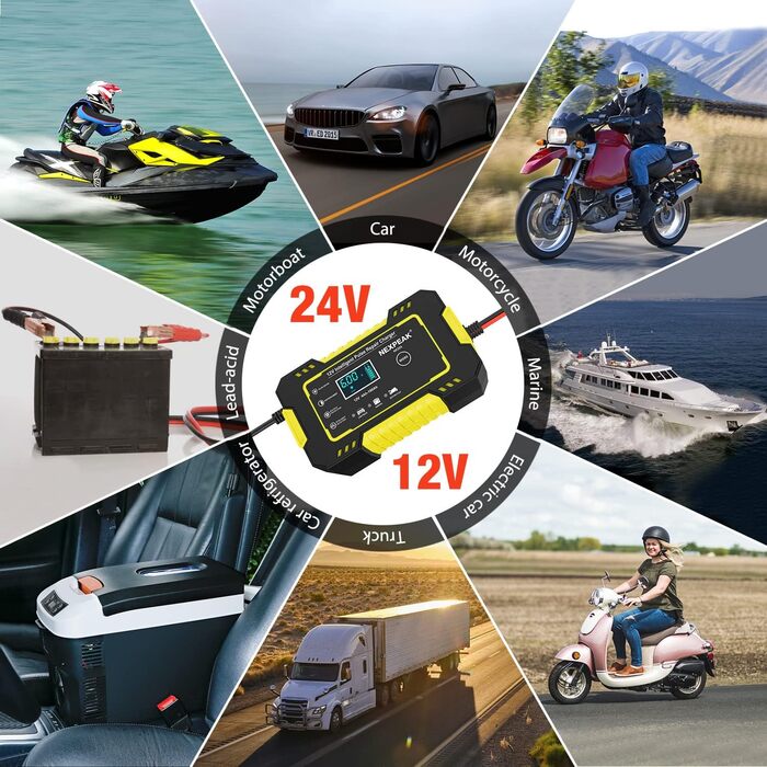 Зарядний пристрій для акумулятора 12V 6A - Smart автоматичний заряд для авто, вантажівки, мотоцикла, газонокосарки, човна, морських акумуляторів з температурною компенсацією