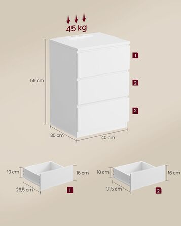 VASAGLE тумба приліжкова з 3 шухлядами, сучасна, з розетками та USB, біла для спальні, вітальні, робочого кабінету