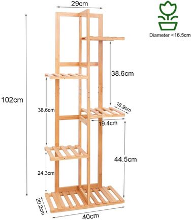 Стійка для квітів Medla з бамбука, 6 полиць, для дому та саду, 40x20x102 см, для кімнати, балкона, саду, всередину і на вулицю