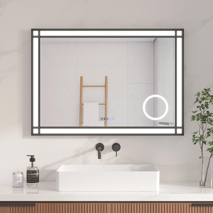 LED дзеркало для ванної кімнати AQUABATOS 50x70 см з підсвічуванням, ефект вікна, сенсорне керування, регулювання яскравості, антизапотівальне покриття, чорний алюмінієвий каркас, індустріальний стиль, годинник, дзеркало для макіяжу