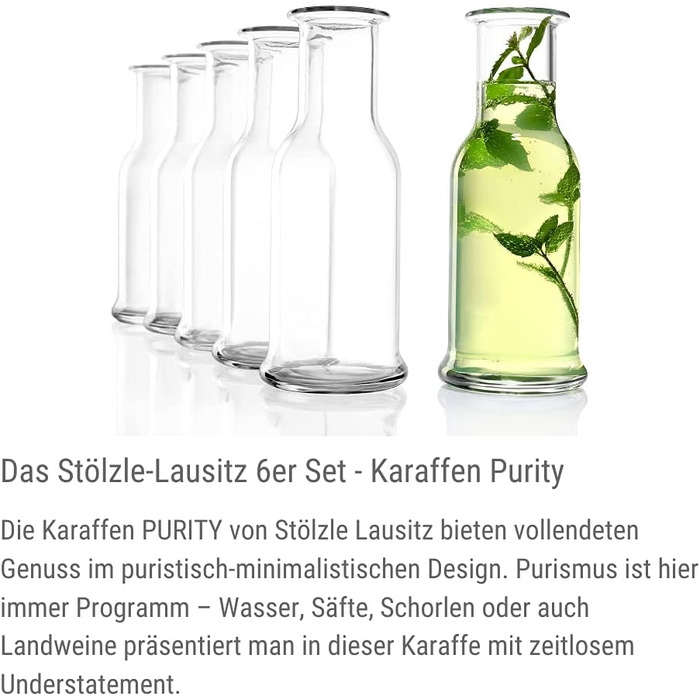 Набір скляних карафнів Stölzle Lausitz Purity (6 шт), 1000 мл, прозорі — універсальні графи для води, лимонаду та вина, стійкі до ударів та підходять для посудомийки