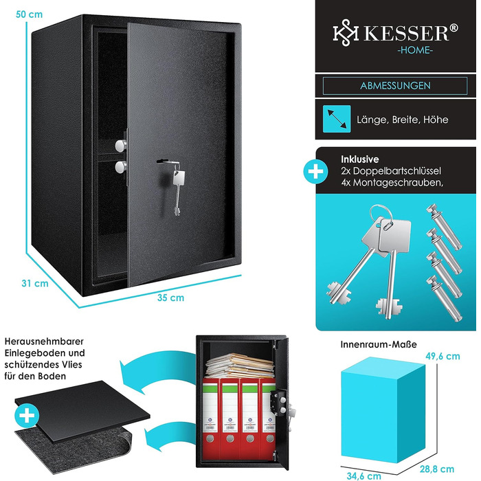Сейф KESSER для меблів з двобортовим замком, чорний XL, 50x35x31 см, сейф для грошей, настінний/підлоговий, 2 ключі та кріплення
