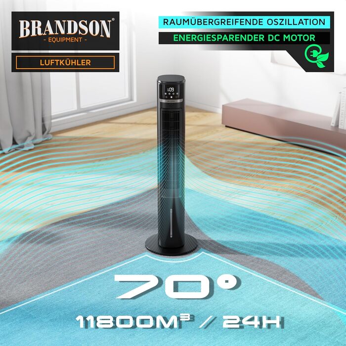 Brandson Мобільний повітряний охолоджувач з водяним охолодженням ECO Design DC мотор, тихий, енергозбереження 60%, Tower Fan з іонізацією