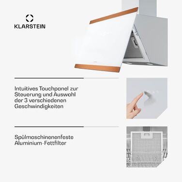 Витяжка кухонна Klarstein FlashLine 60, 60 см, сенсорне керування, продуктивність 524 м³/год, клас енергоефективності A++, LED-освітлення, низький рівень шуму 34,5 дБ, білий/мідний, режим відведення та рециркуляції повітря