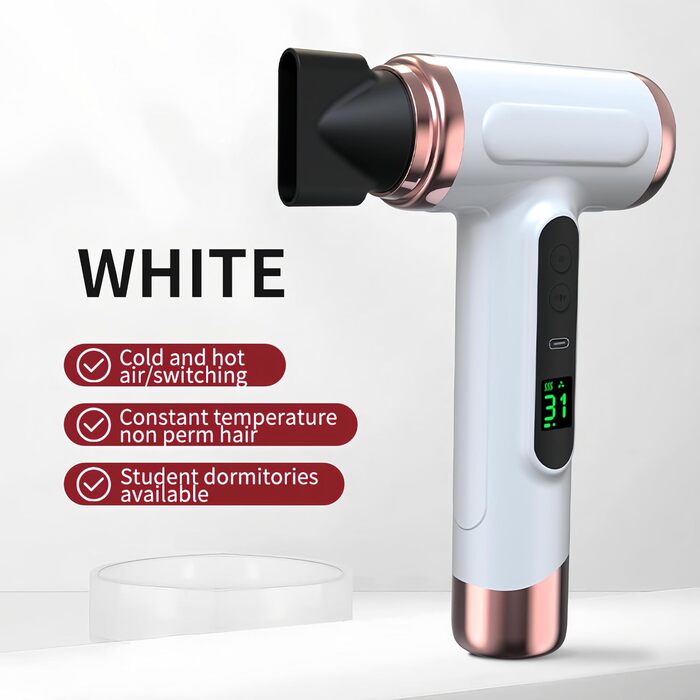 Портативний бездротовий фен для волосся Bewinner Pro Akku, 200 Вт, 15000 мА·год, 3 швидкості та температури, цифровий дисплей, для жінок, кемпінгу, білий