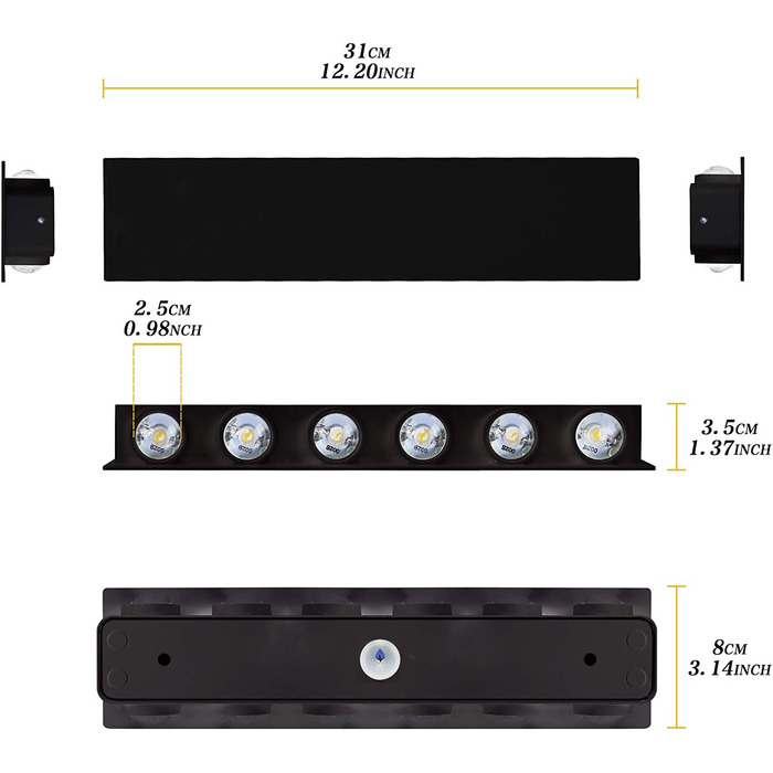 Світильник настінний LED BELLALICHT 12W, алюміній, IP54, тепле світло, чорний, для вітальні, спальні, коридору, сходів