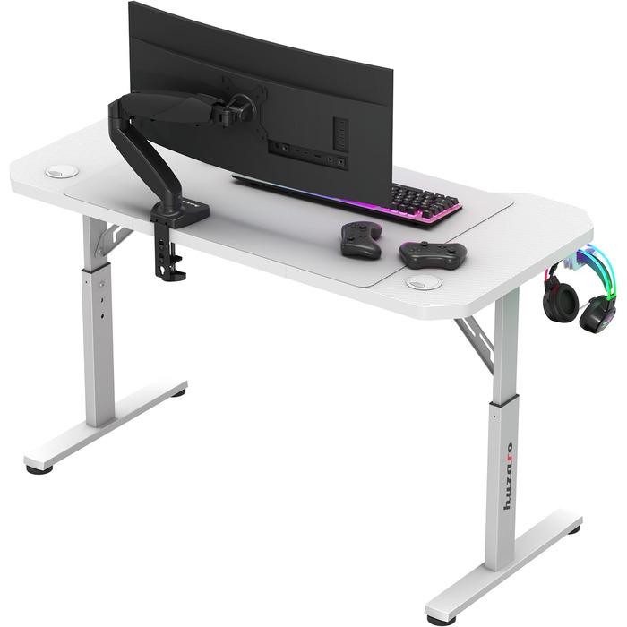 Ігровий стіл Huzaro Hero 2.6 білий, 120x60 см, метал, 3 рівні, з підставкою для навушників і напоїв, кабель-менеджмент, з килимком для миші