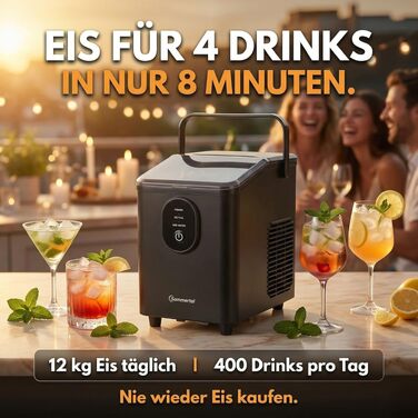 Sommertal EM12S Льодогенератор 12 кг/24 год: Машина для льоду з ручкою, швидке виробництво кулеподібного льоду (0,3 кг за 20 хв), тиха робота (50 дБ) для кухні, офісу та вечірок