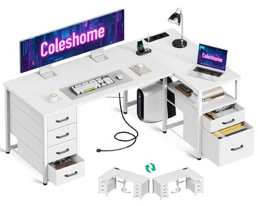 Кутовий письмовий стіл Coleshome з шухлядами, 140x80 см, білий. Комп'ютерний стіл з USB-зарядкою та розеткою для дому/офісу