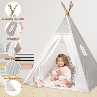 Дитячий намет-типі Kindertipi Dacron 120x120x160 см з вікном, для дому, білий. Стабільний намет-типі для дітей з 4 дерев'яними опорами