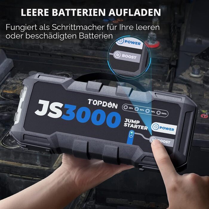Бустерний пускач TOPDON JS3000 3000A, портативний Jump Starter для авто (бензин до 9л, дизель до 7л), Powerbank 24000mAh з LED-ліхтарем та чохлом