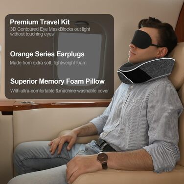 Ергономічна подушка для подорожей Collazoey з ефектом пам'яті (Memory Foam) для шиї, набір з маскою для сну, берушами та сумкою для зберігання, темно-сіра