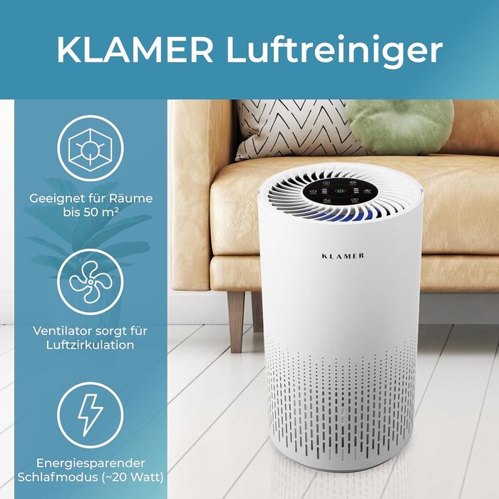 Повітряочисник KLAMER 300i з HEPA-фільтром: для кімнат до 50 м², видаляє 99,9% пилу, алергенів та вірусів