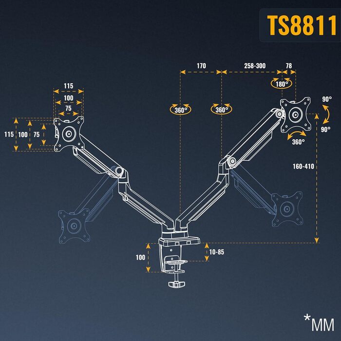 Підставка для монітора RICOO 2 монітори TS3911 з газовою пружиною, регулювання висоти, VESA 75x75/100x100, для моніторів 17-32 дюймів