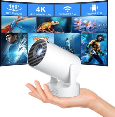 Міні проєктор Salange 4K з Wi-Fi 6, Bluetooth 5.2 та Android OS 11.0. Підтримка 180° повороту, для телефону/Xbox/ноутбука/TV Stick/USB. Білий (HY300ula + 5W динамік)