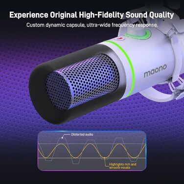 MAONO XLR/USB динамічний мікрофон для подкастів, RGB підсвітка, з програмним забезпеченням, кнопка вимкнення звуку, регулятор гучності, підвіс для стрімінгу, ігор, озвучення, запису, PD200XS, білий
