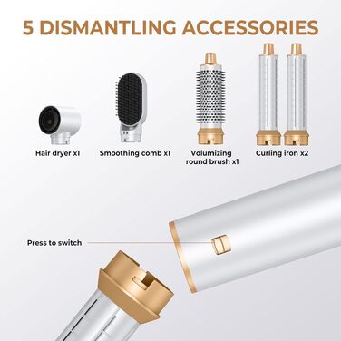 MogaWave Air Styler Pro 6 в 1: Фен-щітка, стайлер для волосся 1000W (білий)