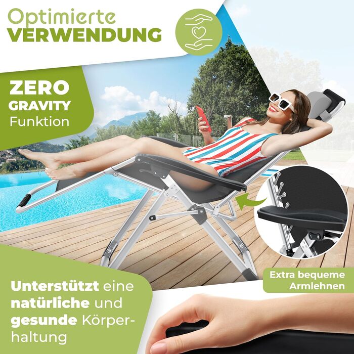 Шезлонг KESSER® для саду, розкладний, вологостійкий, 200 кг, з подушкою, регульована спинка, підголовник та тримач для напоїв, сірий