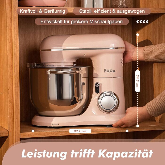 Кухонна машина Kitchen in the box Fab-Serie, потужний планетарний міксер 2000Вт, чаша 8л, 10 швидкостей, з вінчиком, гаком та міксером, Рожевий