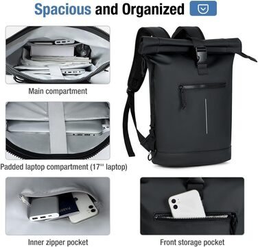 Водонепроникний рюкзак Lekeinchi Rolltop для ноутбука 17 дюймів, місткий дорожній рюкзак для подорожей, навчання та їзди на велосипеді, чорний