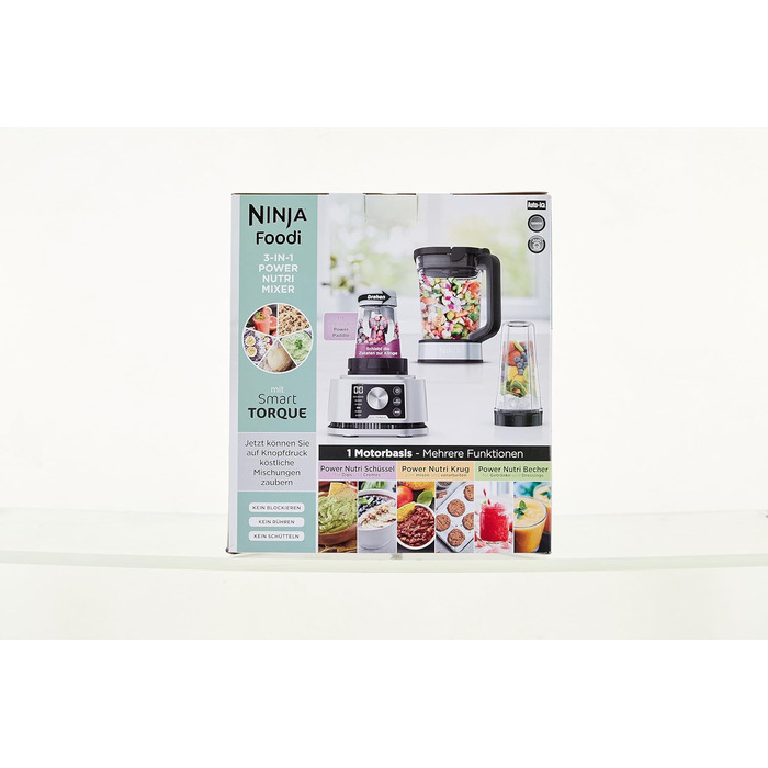 Блендер Ninja Foodi Power Nutri Mixer 3-в-1, 1200 Вт, автоматичні програми, для смузі, густих намазок і заморожених напоїв, 2,1 л глечик, 700 мл стакан і 400 мл чаша з Power-мішалкою, сріблястий, CB350EU