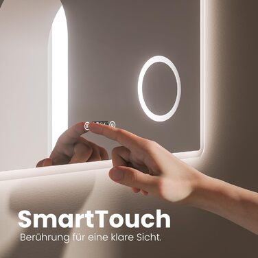 EMKE® LED дзеркало для ванної кімнати 80x60 см з підсвічуванням, сенсорне, регулювання яскравості, протитуманне, 3 кольори світла, годинник, IP44
