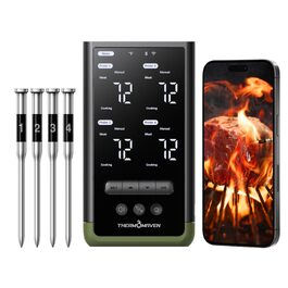 Розумний бездротовий термометр для м'яса ThermoMaven з базою, Bluetooth та Wi-Fi, 4 щупи, 6 сенсорів, NIST-сертифікований, для смокера, духовки та BBQ, колір: avocadogrün