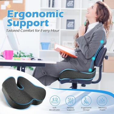 Подушка для офісного крісла Lofty Aim з піни Memory Foam: ортопедична, для попереку, від болю в сідницях, для офісу, авто, літака, інвалідного візка – чорний та темно-сірий