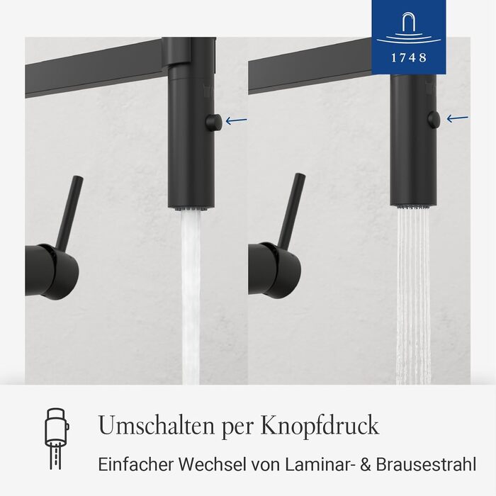 Змішувач кухонний Villeroy & Boch Steel Expert Compact, чорний матовий, з висувним гусаком та перемикачем, висота 170мм