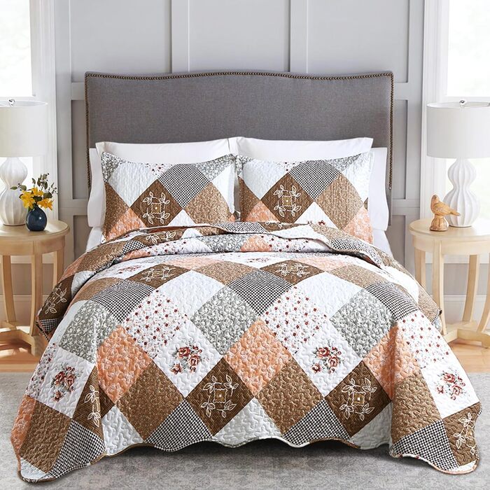Покривало WONGS BEDDING 220x240 см синє, стьобане, мікрофібра, квітковий патчворк, з 2 наволочками 50x75 см