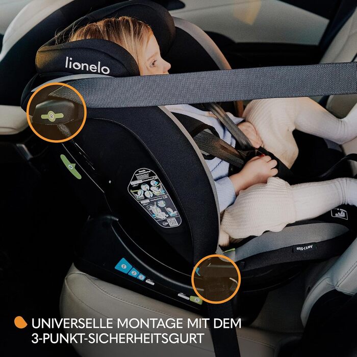 Автокрісло Lionelo AART I-Size для дітей 40-150 см, чорне, з регулюванням спинки та підголівника, R129 i-Size