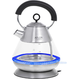 Електричний чайник Adler AD 1282 скляний 1,5 л, підсвітка, бездротовий, BPA-free, автоматичне вимкнення, 2200 Вт, вінтажний дизайн, прозорий/сталь