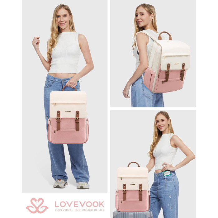 Дитячий шкільний рюкзак LOVEVOOK для дівчат та підлітків, водонепроникний міський рюкзак з відділенням для ноутбука 15.6 дюймів, бежево-рожевий