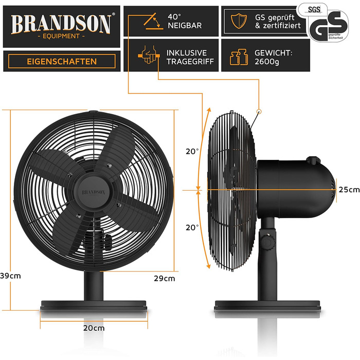 Вентилятор настільний Brandson мідний, 3 швидкості, з коливанням 80°, металевий корпус, чорний матовий