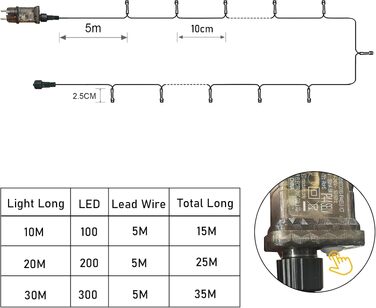 Світлодіодна гірлянда для ялинки 30м 300 LED, багатоколірна та тепло-біла, 11 режимів роботи