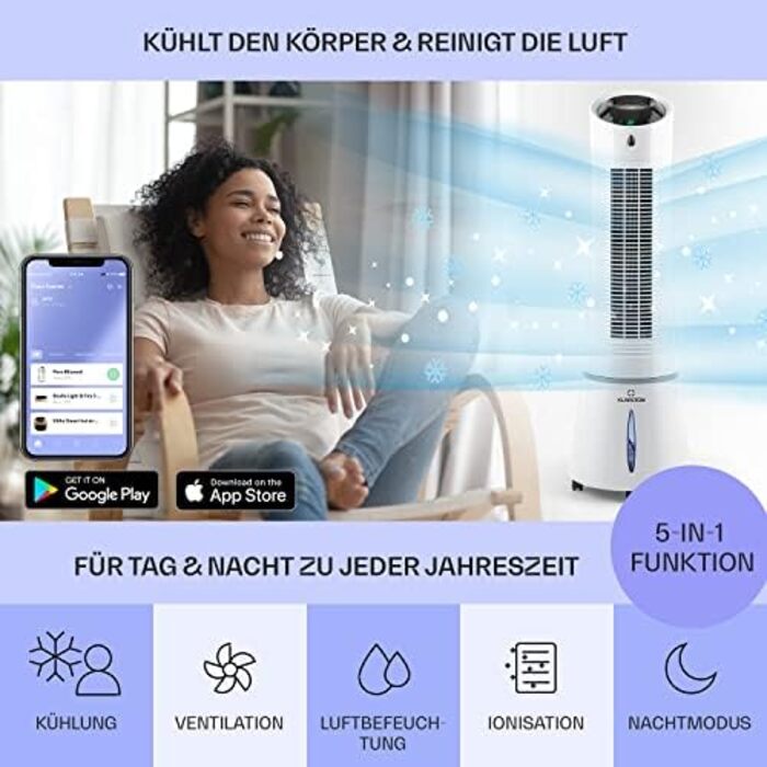 Мобільний кліматичний пристрій Klarstein Skyscraper Ice Smart 4-в-1: охолоджувач повітря, вентилятор, зволожувач, іонізатор, 6 л, 30 Вт, таймер, білий