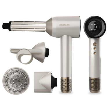 Фен Cecotec DryGlam Waves Champagne з безщітковим мотором та Plasmatechnologie, 1600W, 110000RPM, 4 насадки, Coanda-ефект, цифрова панель, інтелектуальне регулювання температури, функція пам'яті