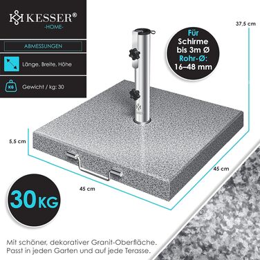 Підставка для парасольки KESSER Granit 30 кг з нержавіючої сталі (сіра, квадратна) для садових та балконних парасольок, діаметр труби 16-48 мм