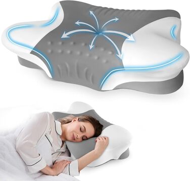 Ортопедична подушка для шиї з Memory Foam - ергономічна подушка для сну, що знімає біль у шиї, регульована для тих, хто спить на боці, з дихаючим чохлом для комфортного сну (Сіро-білий, 60 x 35 см)