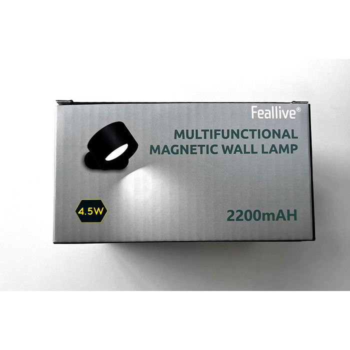 Світлодіодний бездротовий настінний світильник Feallive з акумулятором, сенсорним керуванням, 3 рівнями яскравості, 360° обертання, для вітальні, спальні, коридору, чорний