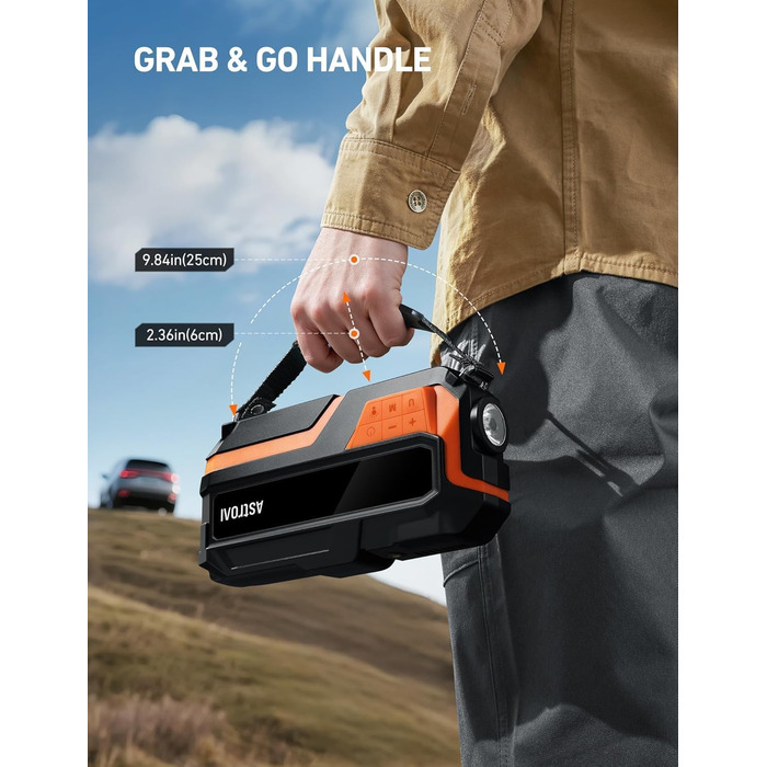 AstroAI MF16 Powerbank для запуску авто з компресором 150 PSI, 6000A, для 12V авто, мотоциклів, SUV, з LED-дисплеєм, помаранчевий