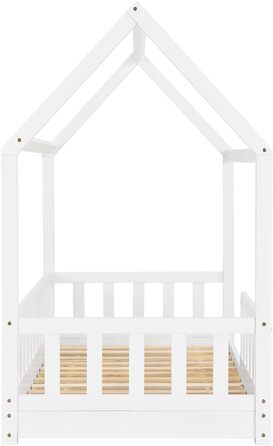Дитяче ліжко Juskys Marli 80x160 см з бортиком, ламельною основою та дахом, будиночок з масиву дерева, біле