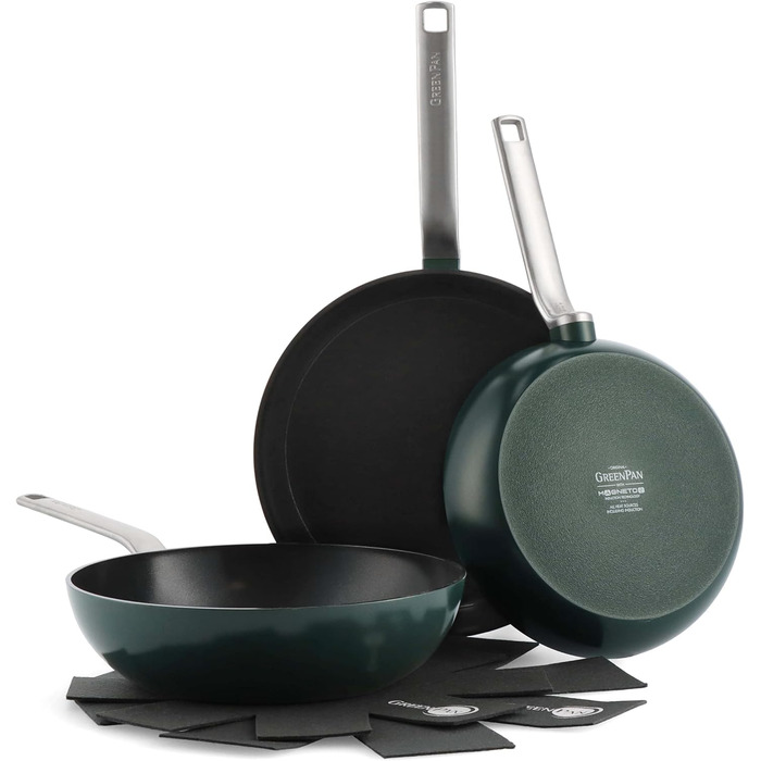 GreenPan Evolution набір сковорідок і вок, 3 предмети, анодований алюміній, керамічне антипригарне покриття без PFAS, для індукції, посудомийної машини та духовки, зелений