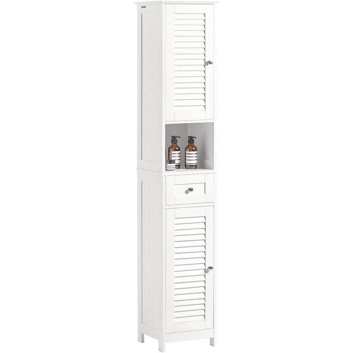 SoBuy FRG236-W Високий шафа для ванної кімнати, білий, 32x170x30 см, з відкритою полицею, шухлядою та дверцятами