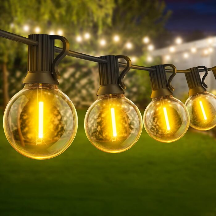 Ланцюжок прикрас з LED-ліхтариками для вулиці, 30 метрів, тепле біле світло, для балкона, павільйону, саду, тераси, з пультом керування, димування, вологостійкий