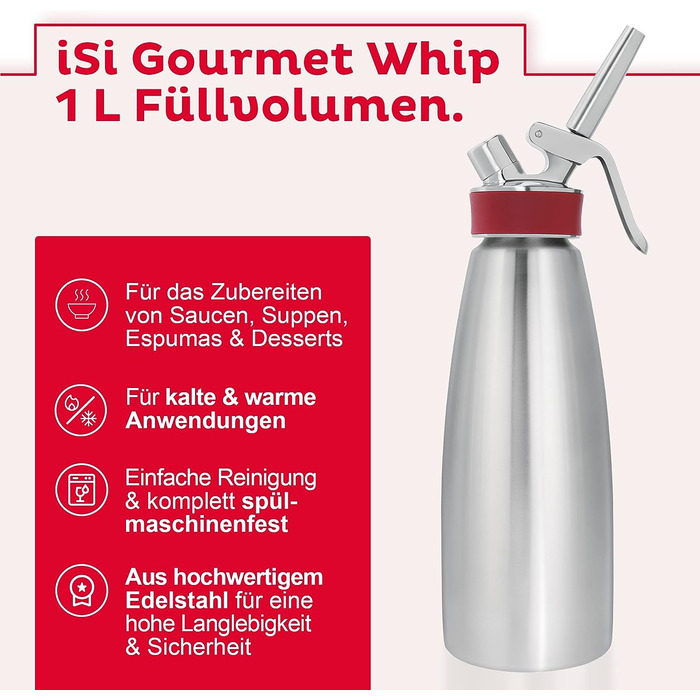 Сифон iSi Gourmet Whip 1 л з 6 наборами капсул, нержавіючі насадки, лійка, сито, кришка – для збивання вершків, супів, мусів і десертів, 100% нержавійка