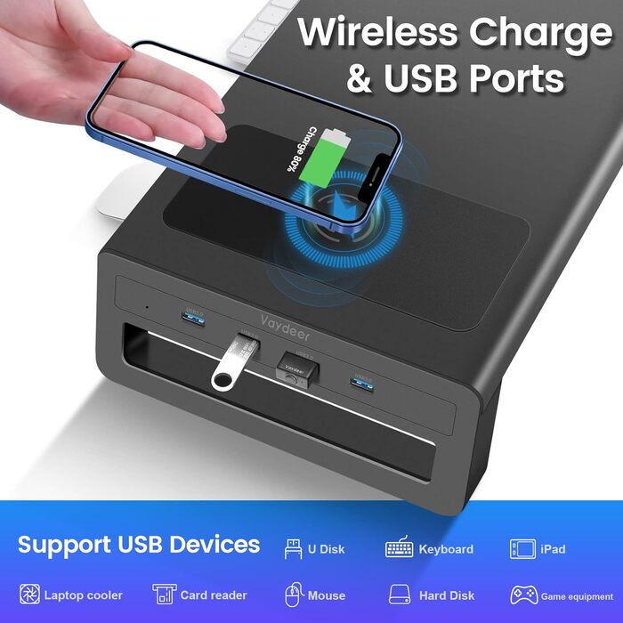 Підставка для двох моніторів Vaydeer з бездротовою зарядкою та 4 USB-хабами, металева, для моніторів до 32 дюймів, для комп'ютера і ноутбука, чорна