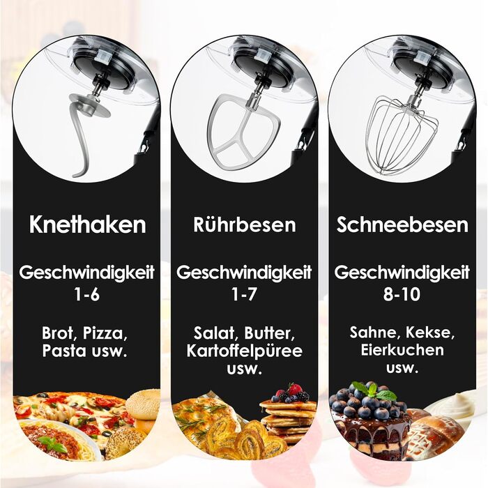 Кухонний комбайн Kitchen in the box Fab-Serie, потужний планетарний міксер 1300 Вт, 10 швидкостей, чаша 6 л, чорний (з гаком, вінчиком та мішалкою)